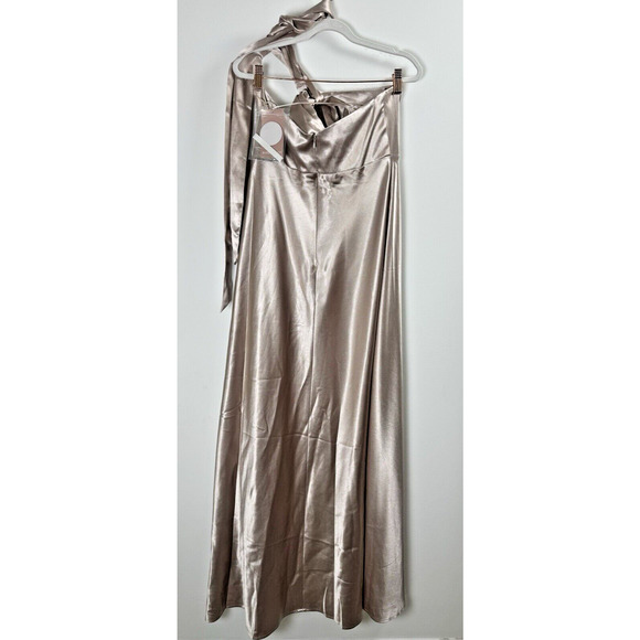 NWT Birdy Grey Monica Halter Satin Taupe Bridesmaid Formal Party Glam Maxi Gown - Picture 7 of 10